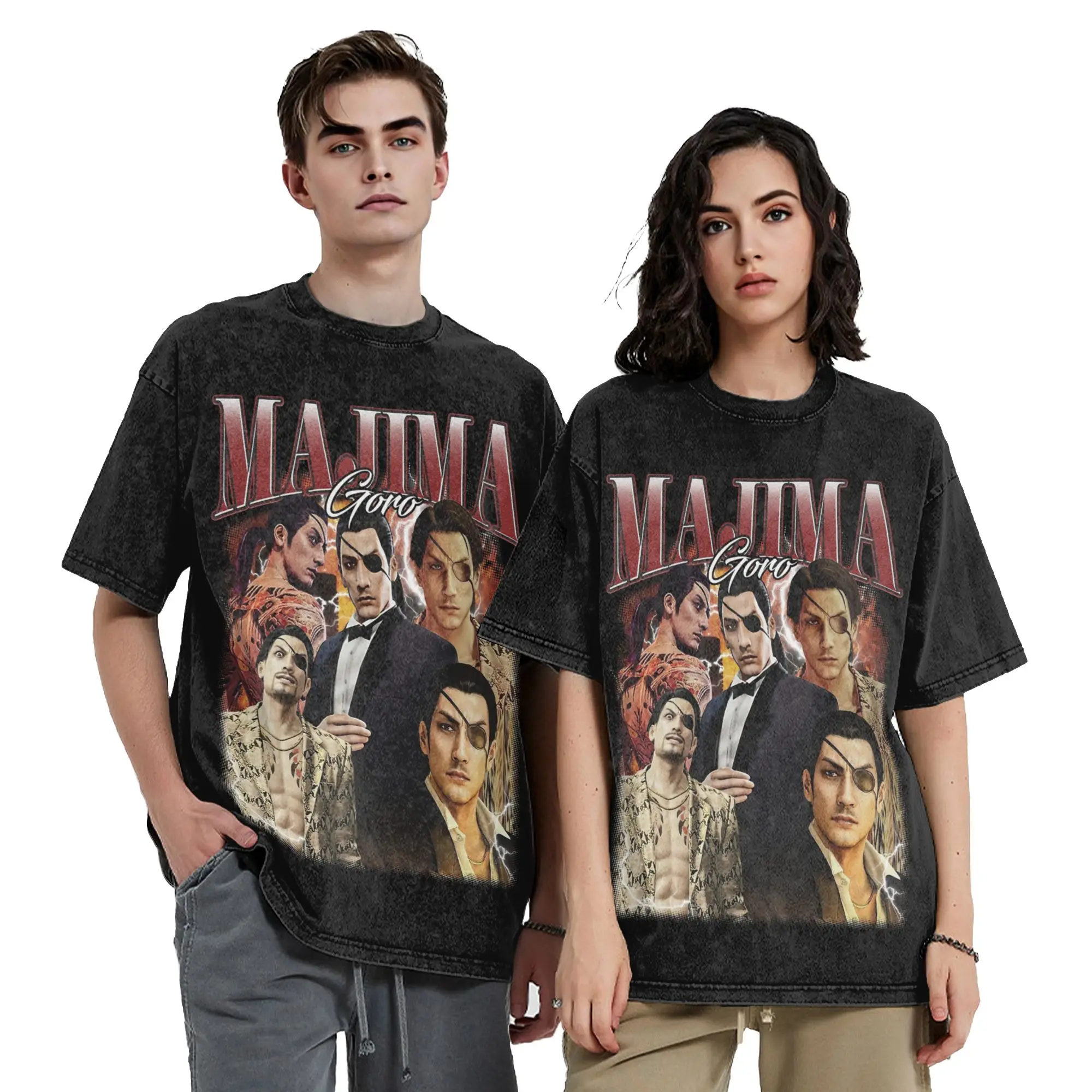 Фото Футболка с эффектом потертости Majima Goro Yakuza в стиле хип-хоп ретро, уличная одежда в стиле Харадзюку, летние топы с коротким рукавом для мужчин и женщин №2
