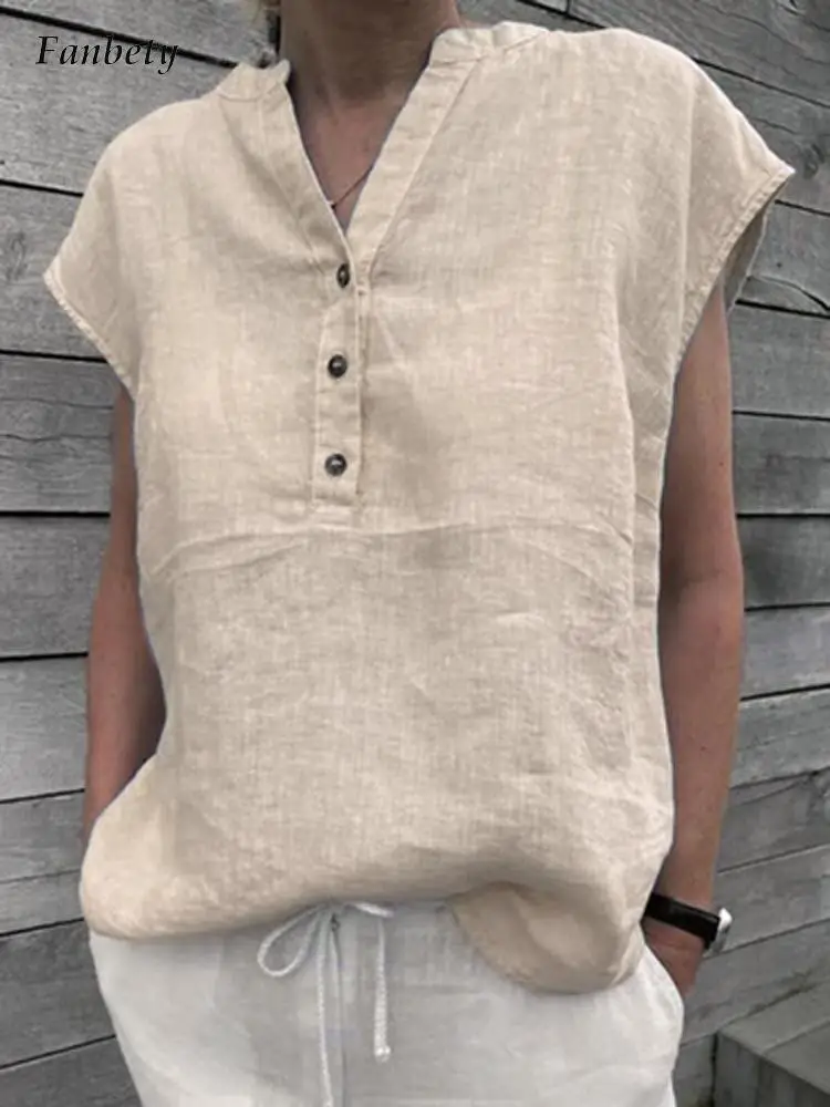 

Elegant Button-up V-Neck Tops Pullover Women Summer Casual Solid Cotton Linen Blouses Shirt For Female New Fashion Simple Blouse
