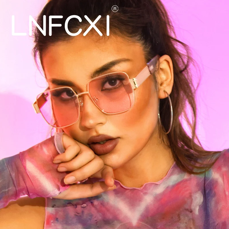 

LNFCXI New Big Frame Sqaure Sunglasses for Women Retro Metal Classic Eyewear UV400 Outdoors Shades Oversized Glass Gafas De Sol