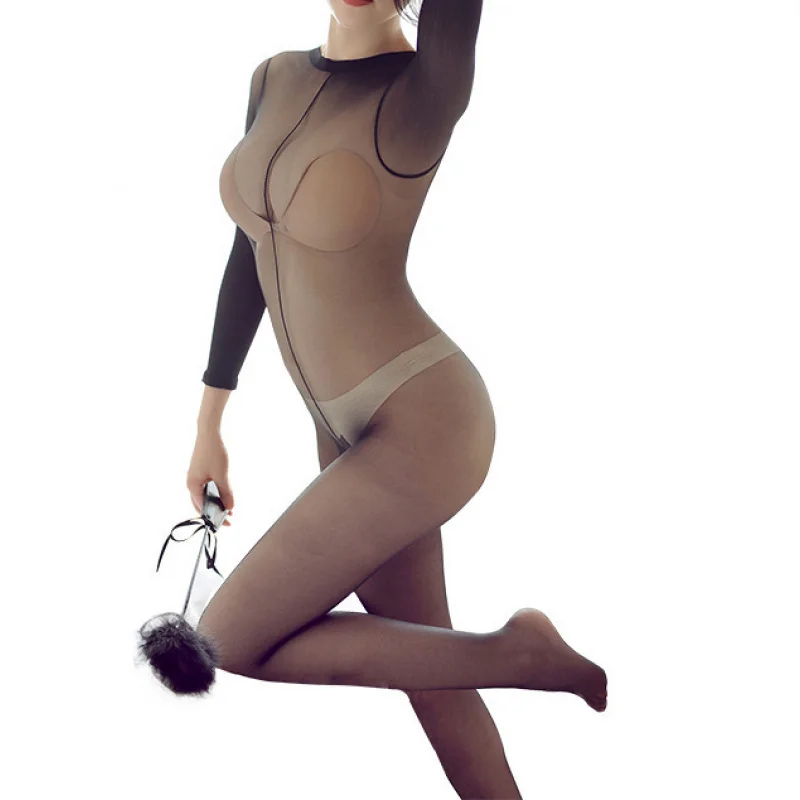 Прозрачные Длинные Рукава Сексуальное Боди Женское Черный Кожа Секс Одежда