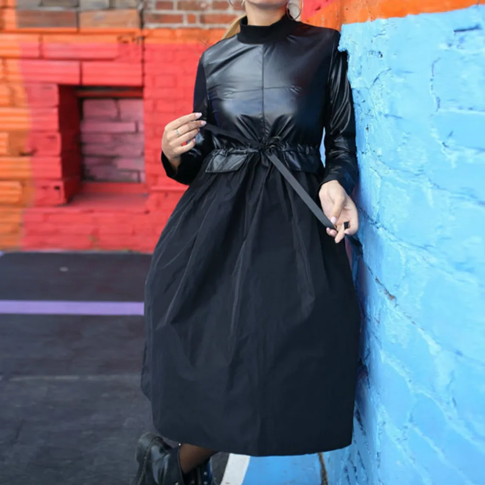 

2021 New PU Patchwork Sashes Dress Fashion Long Sleeve Stand Collar A Line Dress Vintage Black Solid Elegant Knee Dresses Winter