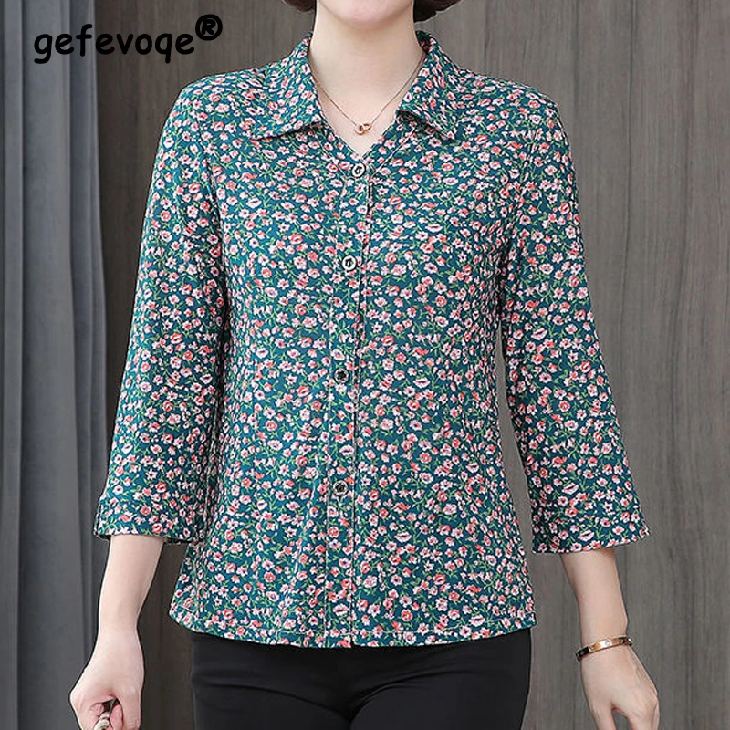 

Women Spring Autumn Blouses Shirts Lady Fashion Casual 3/4 Sleeve Lapel T-shirt Blusas Printing Tops Loose Female Clothing 2022