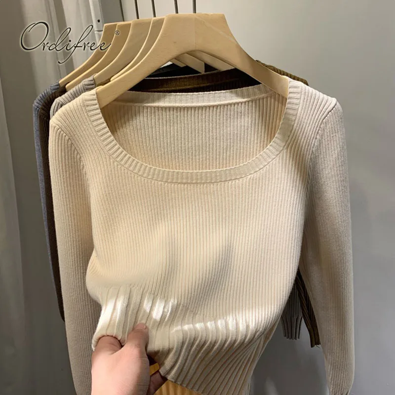 

Ordifree 2022 Spring Autumn Women Knitted Sweater Pullover Long Sleeve Short Basic Sweater Pull Femme