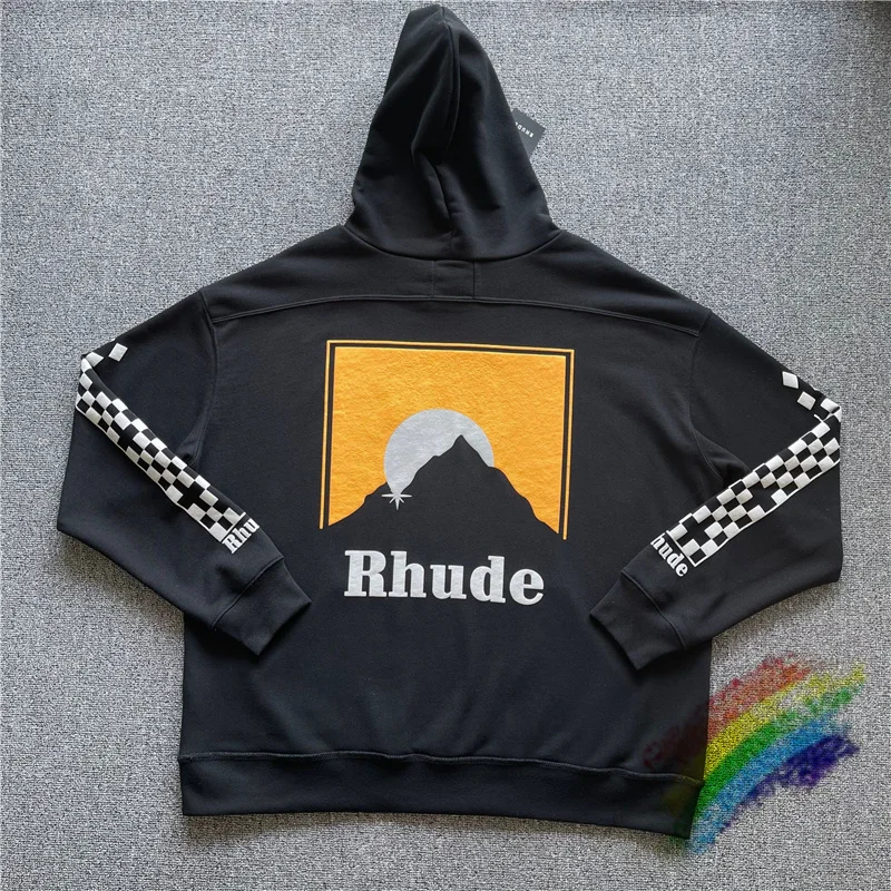 

Vintage Black RHUDE Mountain Hoodie Men Women 1:1 High-Quality Sleeve Checker Rhude Hooded Sweatshirts Pullovers