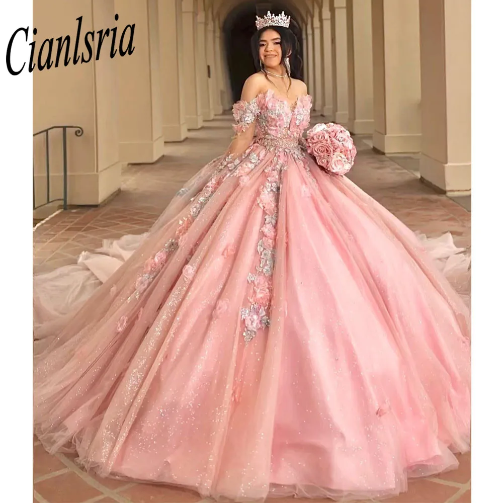 

Женское Розовое Бальное Платье, элегантное бальное платье до пола с открытыми плечами и бисером, для выпускного вечера, 15 лет, 2023