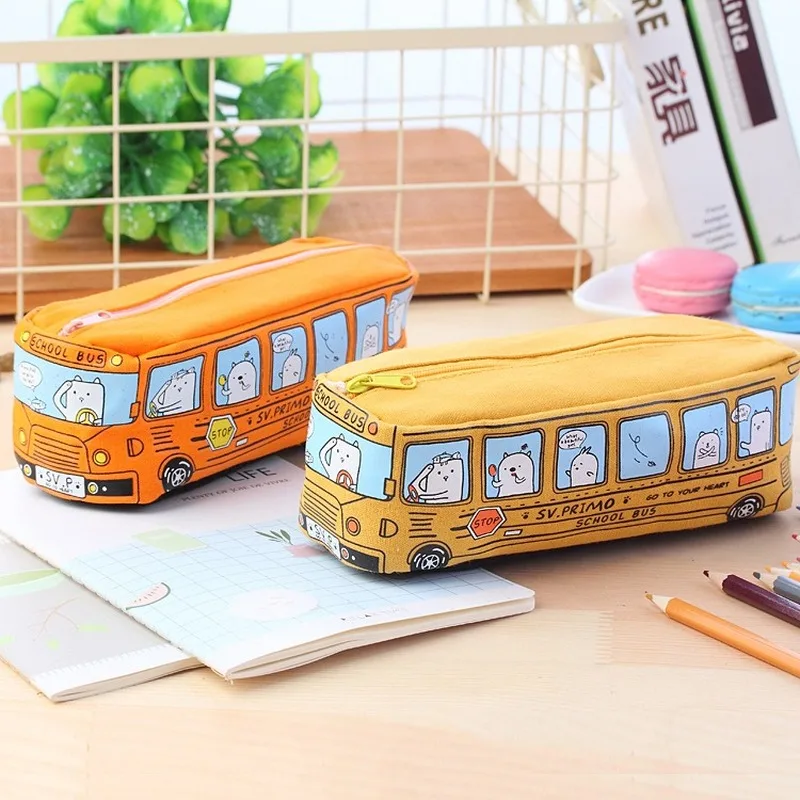 

Cartoon Bus Pencil Bag Canvas Large Capacity Car Zipper Pen Pencilcase for Student Stationery School Supplies