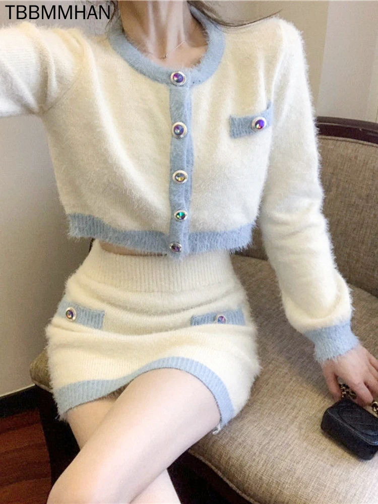 

Милый вязаный комплект из двух предметов, женские элегантные модные костюмы, весенние сексуальные короткие топы, Корейская облегающая одеж...