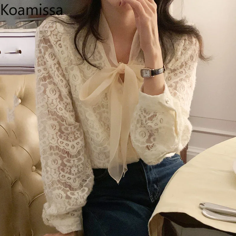 

Женская кружевная рубашка с бантом Koamissa, с длинным рукавом, элегантная офисная блузка, однотонные блузы в Корейском стиле для весны и осени, ...
