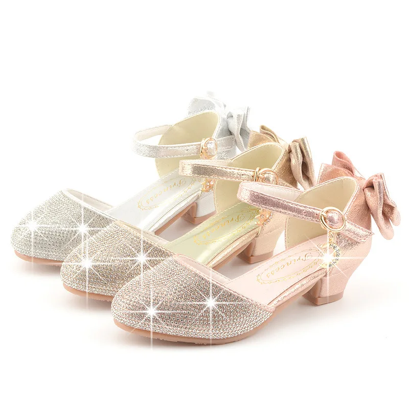 

Princess Kids Leather Shoes for Girls dress shoe Glitter Children High Heel 2022 Girls Shoes Butterfly Knot gold Pink Silver