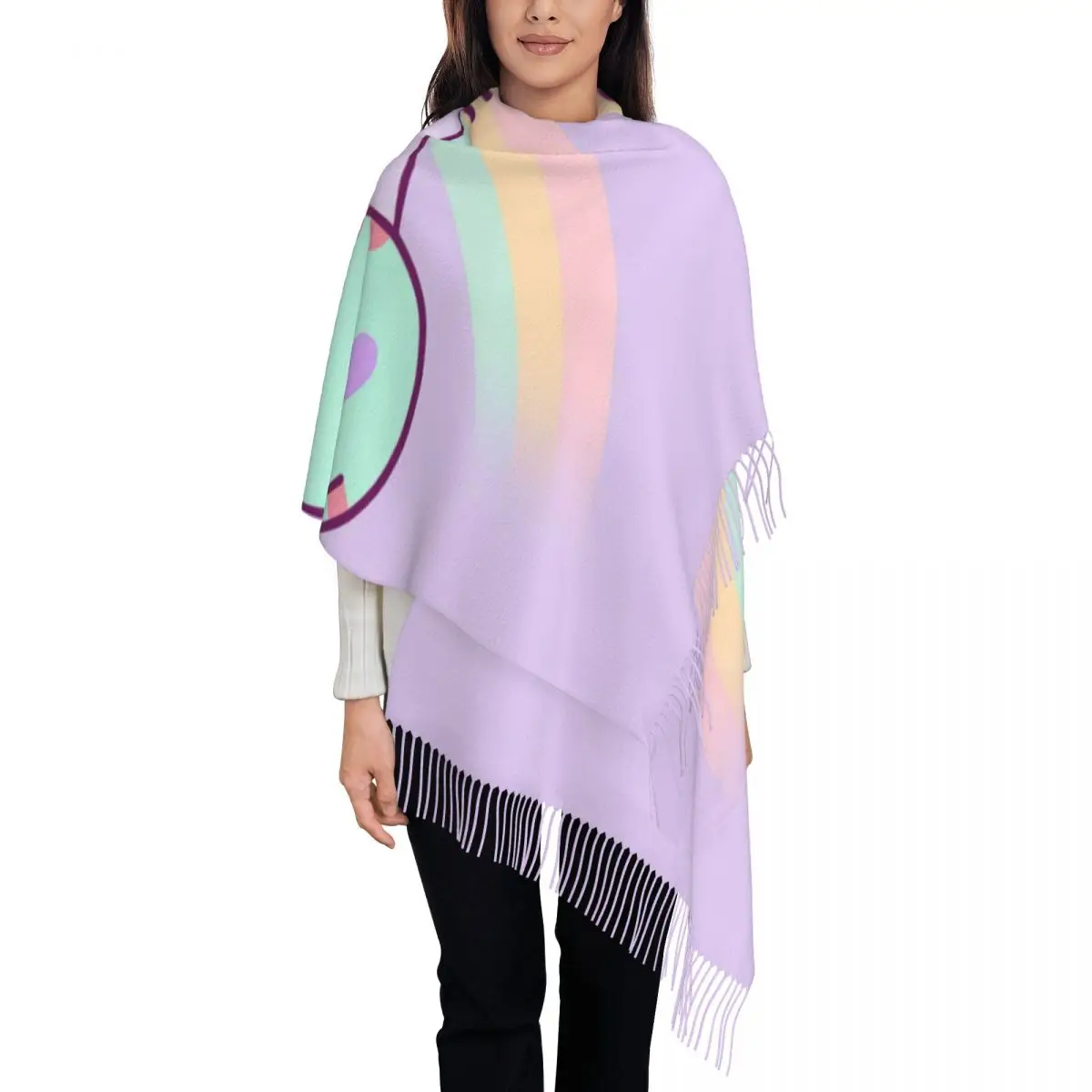 

Ladies Large Pusheens Cat Rainbow Heart Scarves Women Winter Soft Warm Tassel Shawl Wrap Catroon Kitten Scarf
