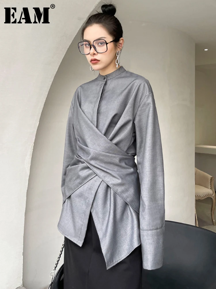 [EAM] Women Gray Irregular Knot Big Size Blouse New Stand Collar Long Sleeve Loose Fit Shirt Fashion Spring Autumn 2022 1DD58110