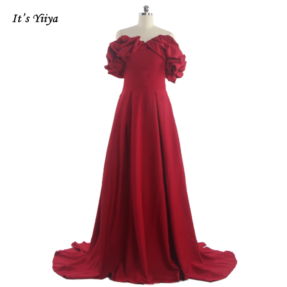 

It's Yiiya Evening Dresses Burgundy Jersey Off the Shoulder Pleat Short Sleeves Train Floor Length Plus size Party Dress B1540