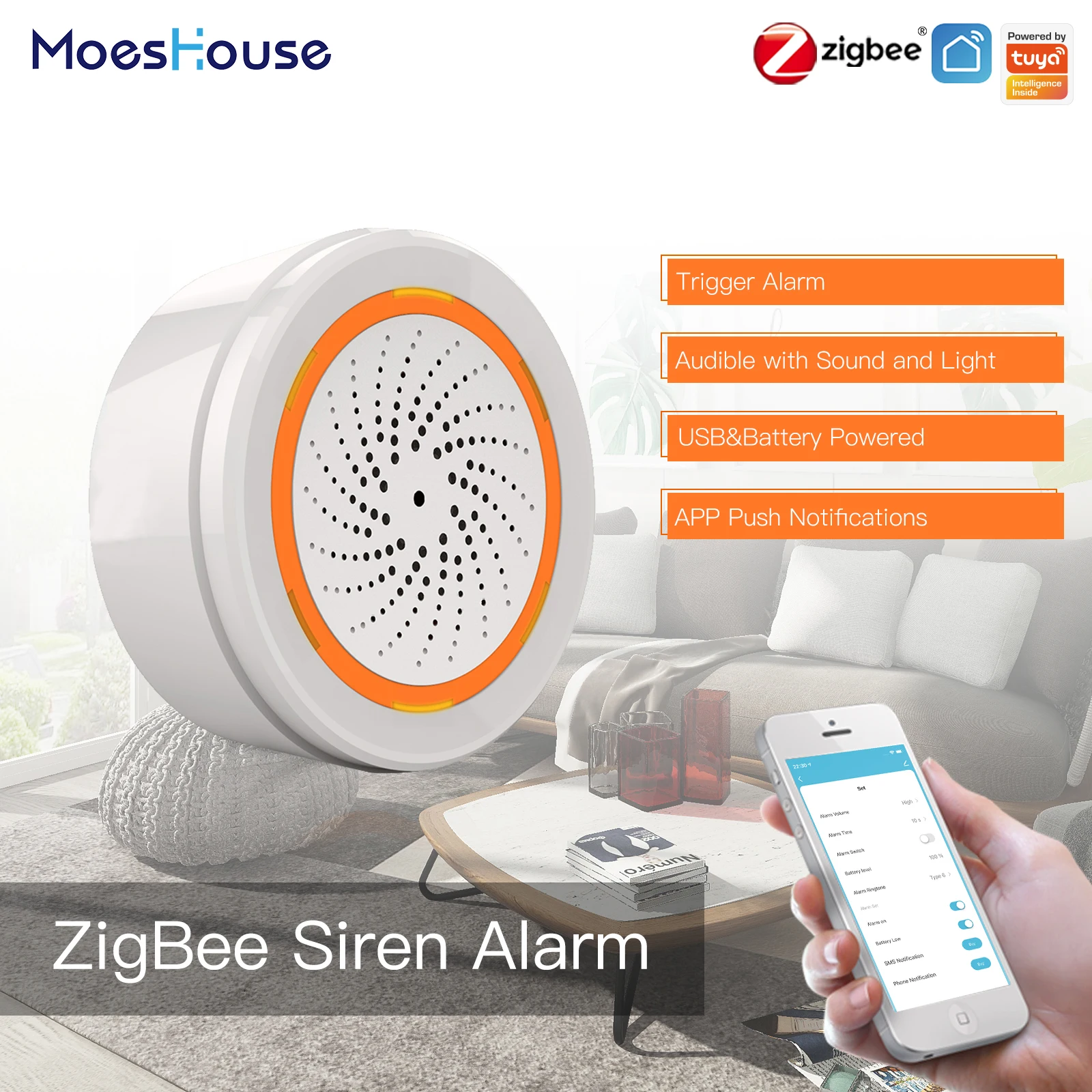 MoesHouse Tuya ZigBee Smart Sound Light Siren Sensor 90dB Life Siren Home Security System Tuya Gateway Hub, Used With Alexa