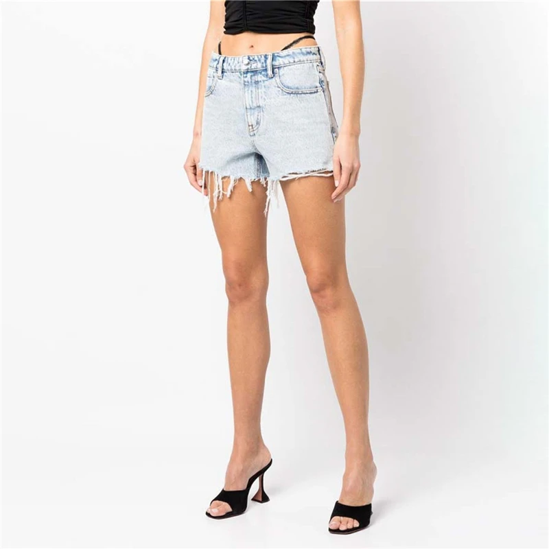 

2022 Ранняя весна новые шорты с высокой талией с бахромой Женская мода в стиле Хай-стрит брендовые Украшенные джинсовые Горячие Брюки стразы большие