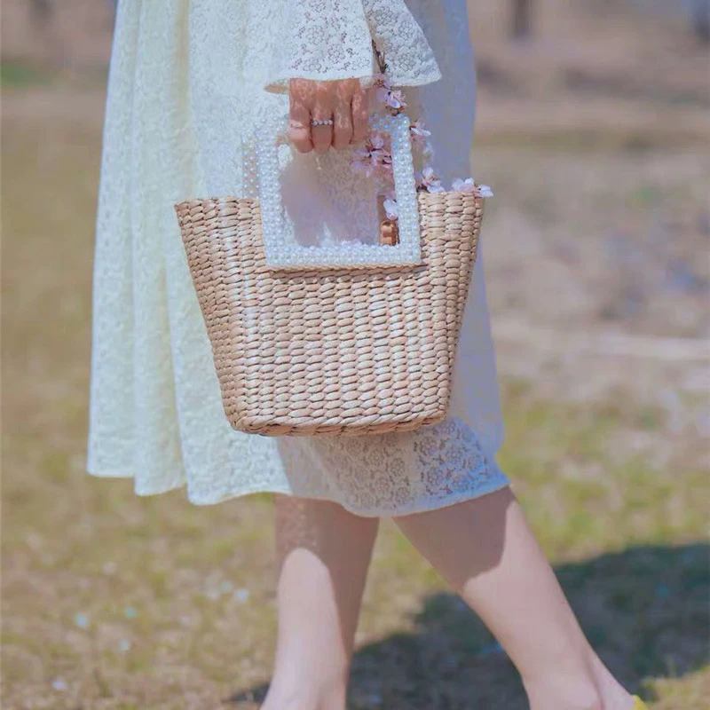 New Bohemian Bag Pearl Fashion Straw Bag Hand-Woven Shoulder Bag Handbag Women Straw Basket Tote Purses Crossbody Messenger Bag