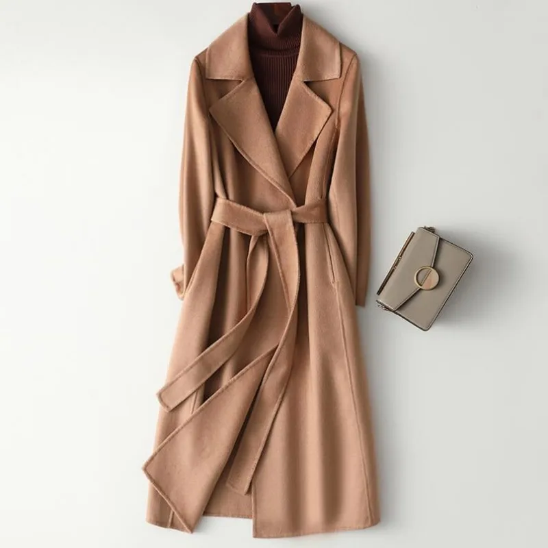 

Autumn And Winter New Woolen Overcoat Women X-Long Loose Lacing Belt Black light tan Double Sided 95% Wool Coat Jacket