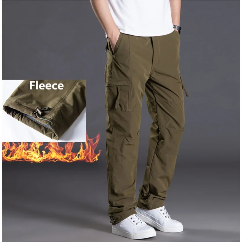 

Winter Double Layer Fleece Pants Men Casual Thick Warm Straight Pants Overalls Multi Pockets Loose Baggy Military Cargo Pants