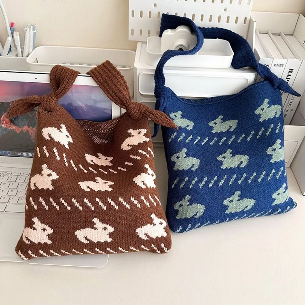 

Rabbit Hand-woven Bag Handmade Knit Cute Knot Wrist Bag High-capacity Tote Bag Student