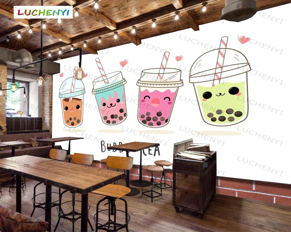 

Papel de parede custom bubbles pearl milk tea 3d wallpaper mural, restaurant coffee juice shop dining room wall papers sticker