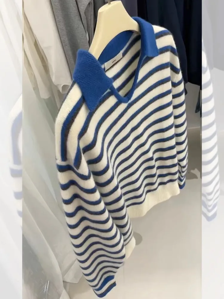 Высококачественный пуловер с лацканами в синюю полоску женский осенне-зимний