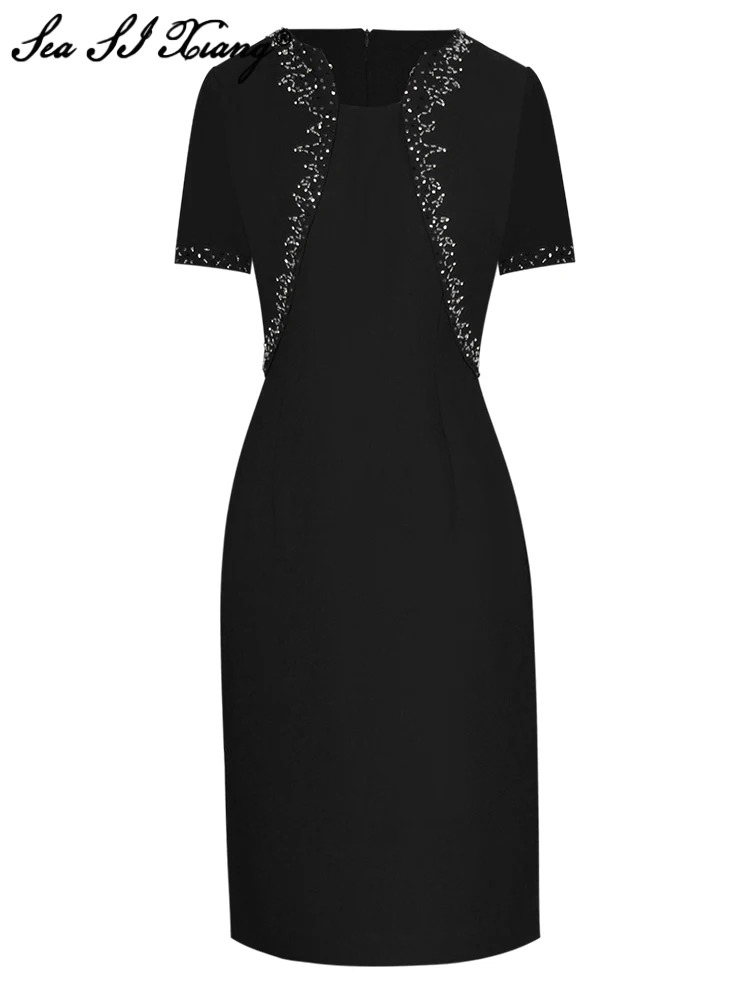 

Seasixiang Fashion Designer Summer Dress Women O-Neck Short Sleeve Beading Solid Office Lady Package Buttocks Dresses