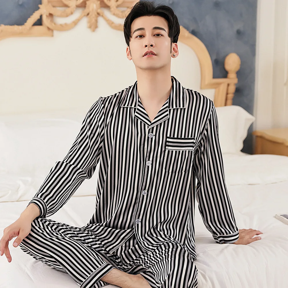 New Pajamas Men's 2022 Spring Autumn Summer Ice Silk Homewear Thin Section Simulation Silk Large Size Suit  Pajama Set Sleepwear