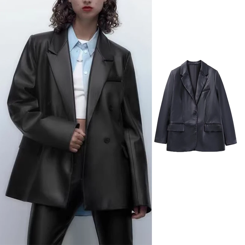 

TRAF 2023 Office Blazers for Women Faux Leather Blazer Woman Autumn Basic Jacket Women Long Sleeve Button Women's Blazer