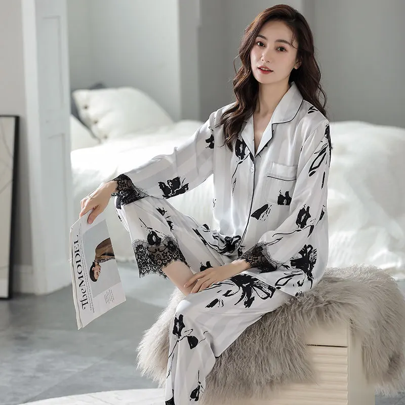 2023 Spring and Summer Couple Pajamas Chiffon Women's Long-sleeved Trousers Printed Home Service Men's Autumn Pajamas Lounge Set