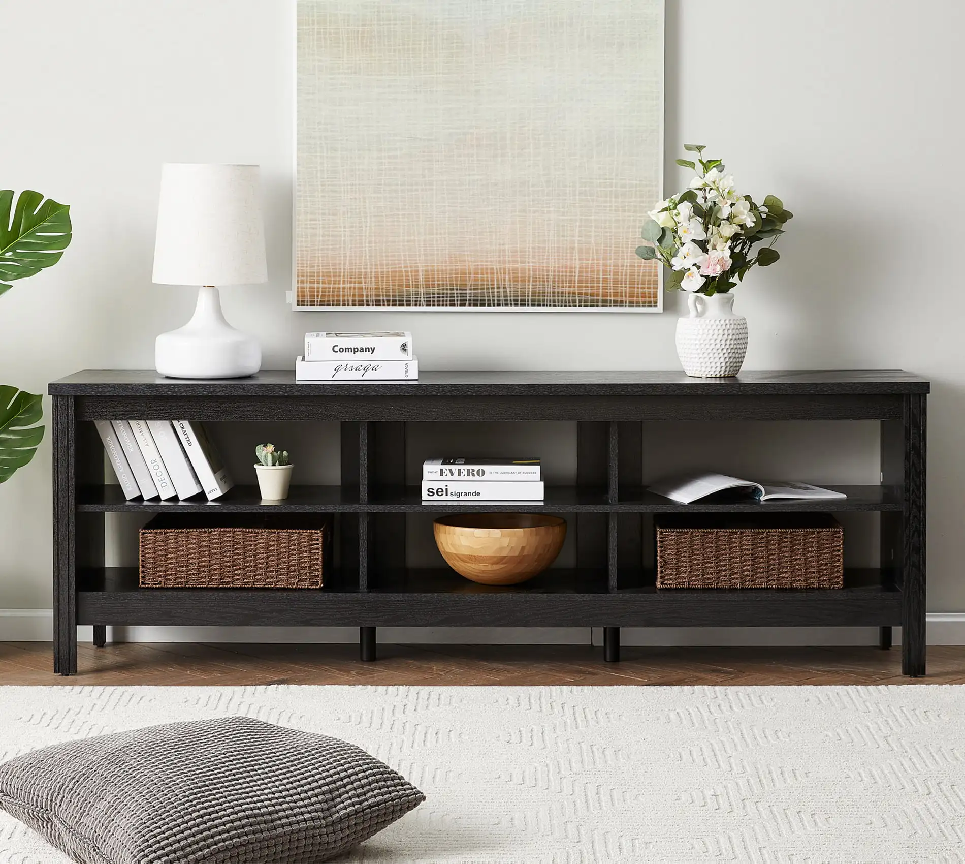 For 75 Inch Tv With 6 Storages, Wood, Black