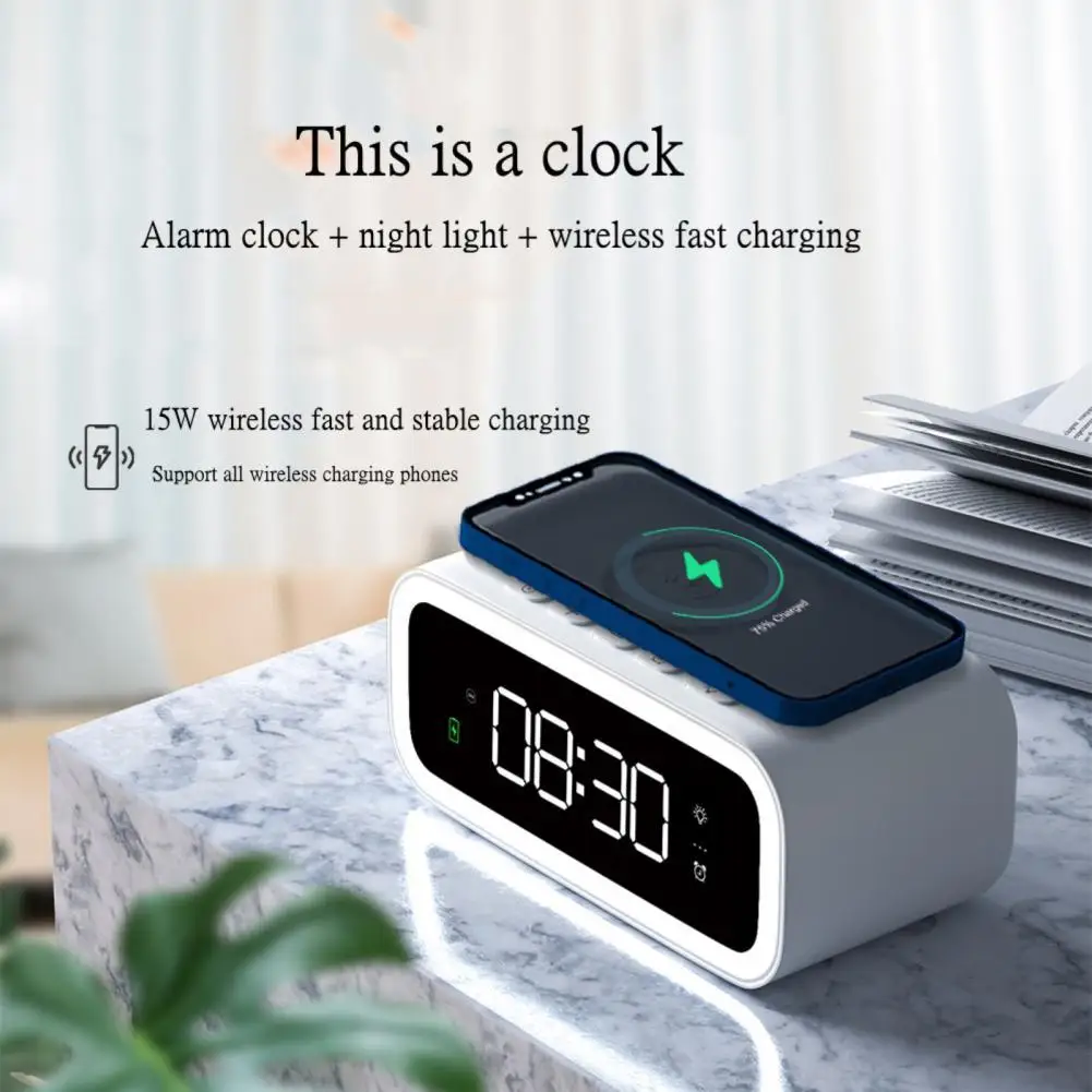 

Small Alarm Clock LED Display Night Light Wireless Fast Charging Electronic Smart Digital Alarm Clock Dimmer for Bedroom