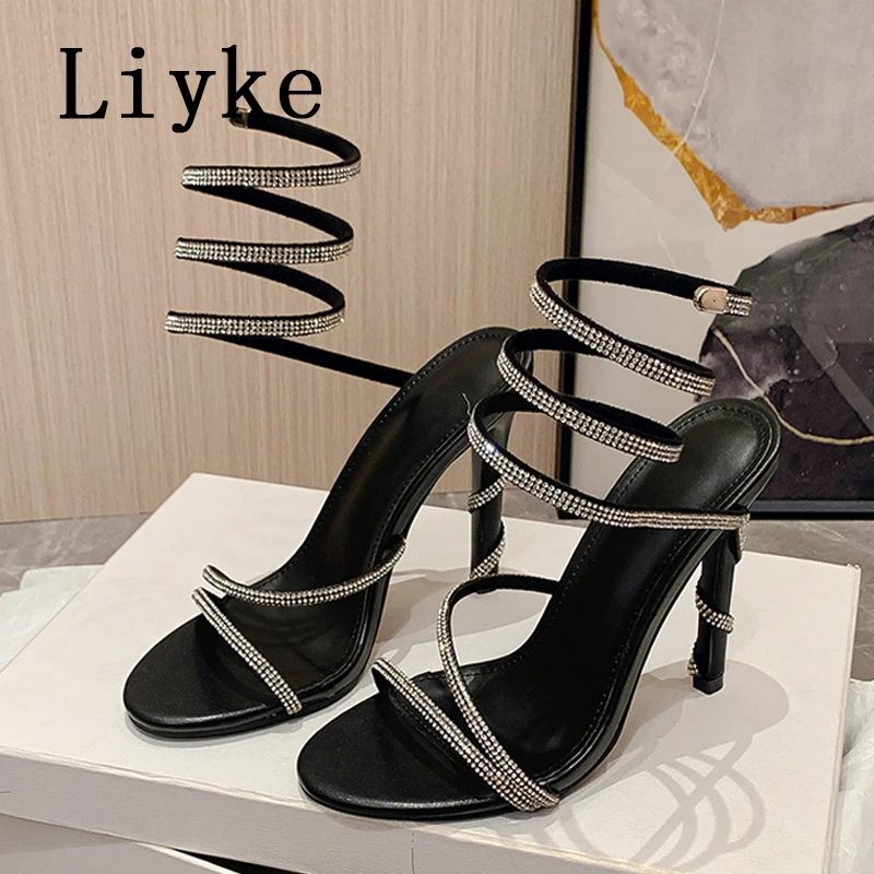 

Liyke Size 35-42 Sexy Open Toe Stripper Stiletto Sandal Women Fashion Chic Crystal Rhinestones High Heels Summer Shoes Sandalias