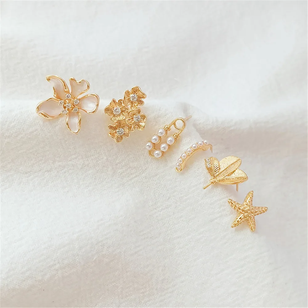 

14K Gold Plated Brass Micro-inlaid Zircon Sticky Pearl Flower Leaf Ear Pin with Rings Handmade DIY Earrings