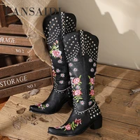 fansaidi fashion knee high boots blue slip on pointed toe embroidery female boots winter sexy consice new 43 44 45 46 47 48