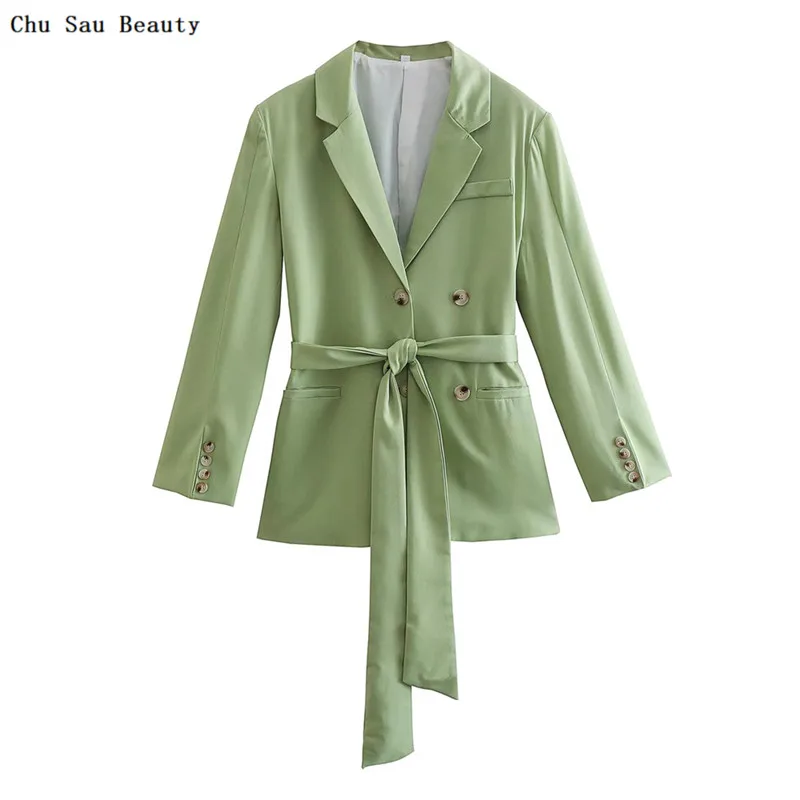 

Chu Sau Beauty 2022 ZA New Women Light Green Belted Casual Fashion Suit Spring&Autumn High Street All-Match Long-Sleeved Jacket