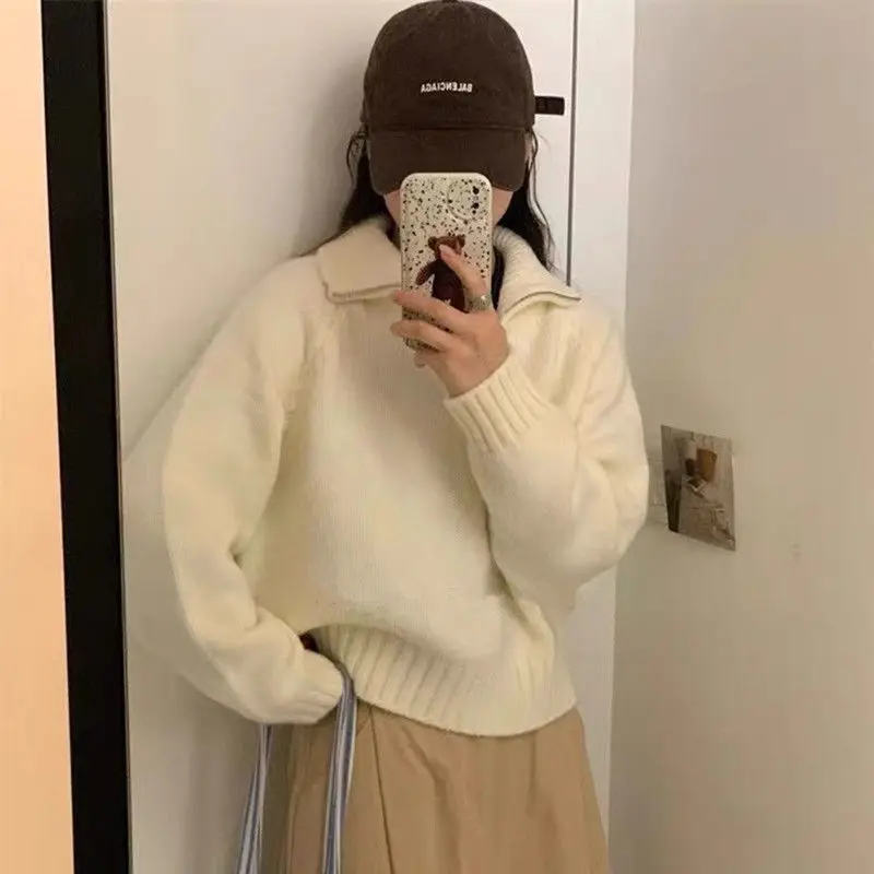 Осень/зима новый однотонный свободный популярный пуловер с отложным воротником