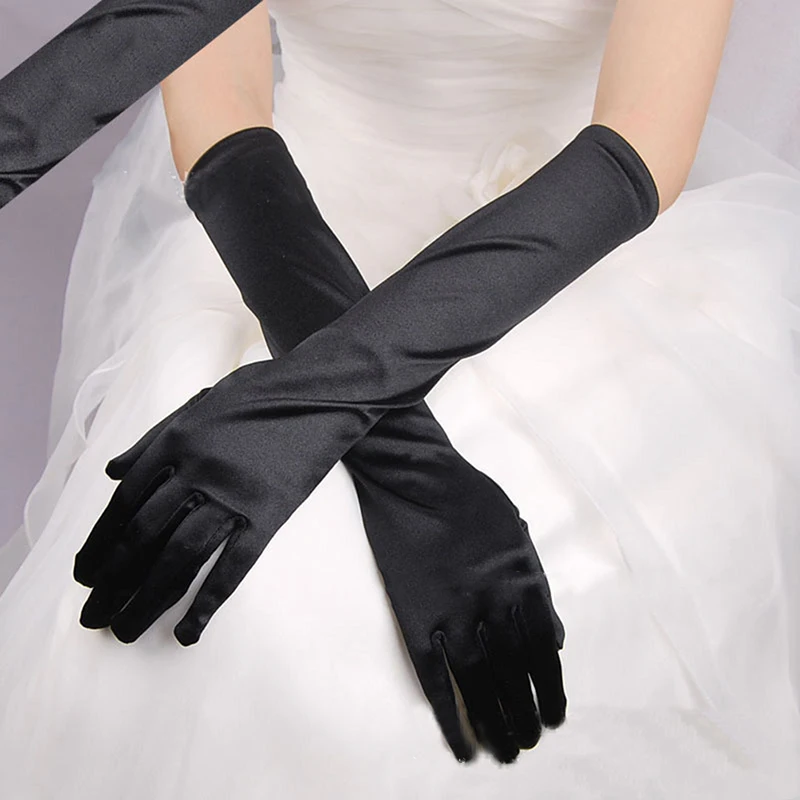 

Женские атласные перчатки, однотонные винтажные длинные перчатки на локтях с пальцами, солнцезащитные перчатки для оперы, вечерний костюм для выпускного вечера, 5 цветов, 1 пара