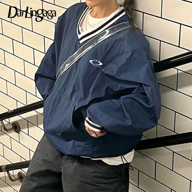 

Darlingaga Streetwear Stripe Loose Women Pullover Spliced Embroidery Autumn Sweatshirt Harajuku Sporty Hoodie Contrast Gorpcore