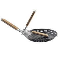 12 inch non stick grill skillet with handle round shaped carbon steel folding bbq basket for grilling vegetables meat shrimp