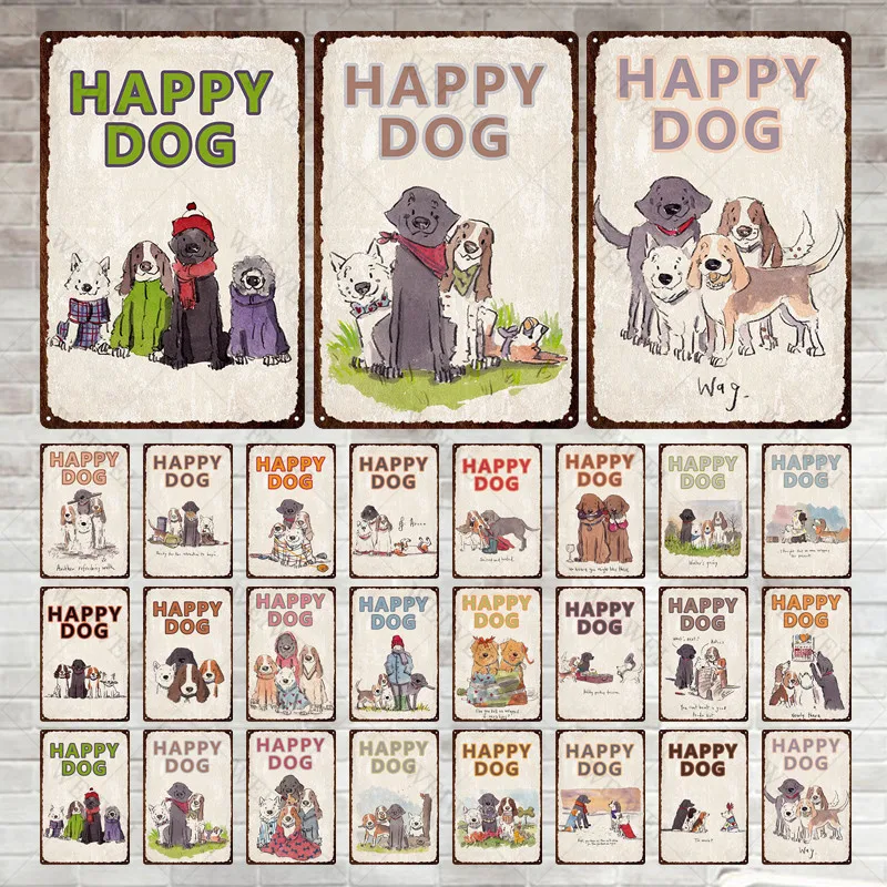 

Оловянная табличка с надписью Happy Dog, мультяшный металлический знак для домашних животных, металлический винтажный милый жестяной знак с жи...