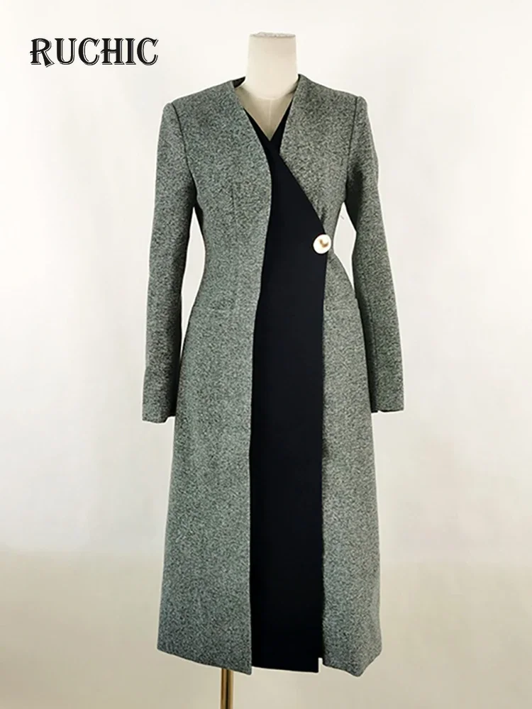Женский шерстяной тренчкот облегающая ветровка контрастных цветов с V-образным