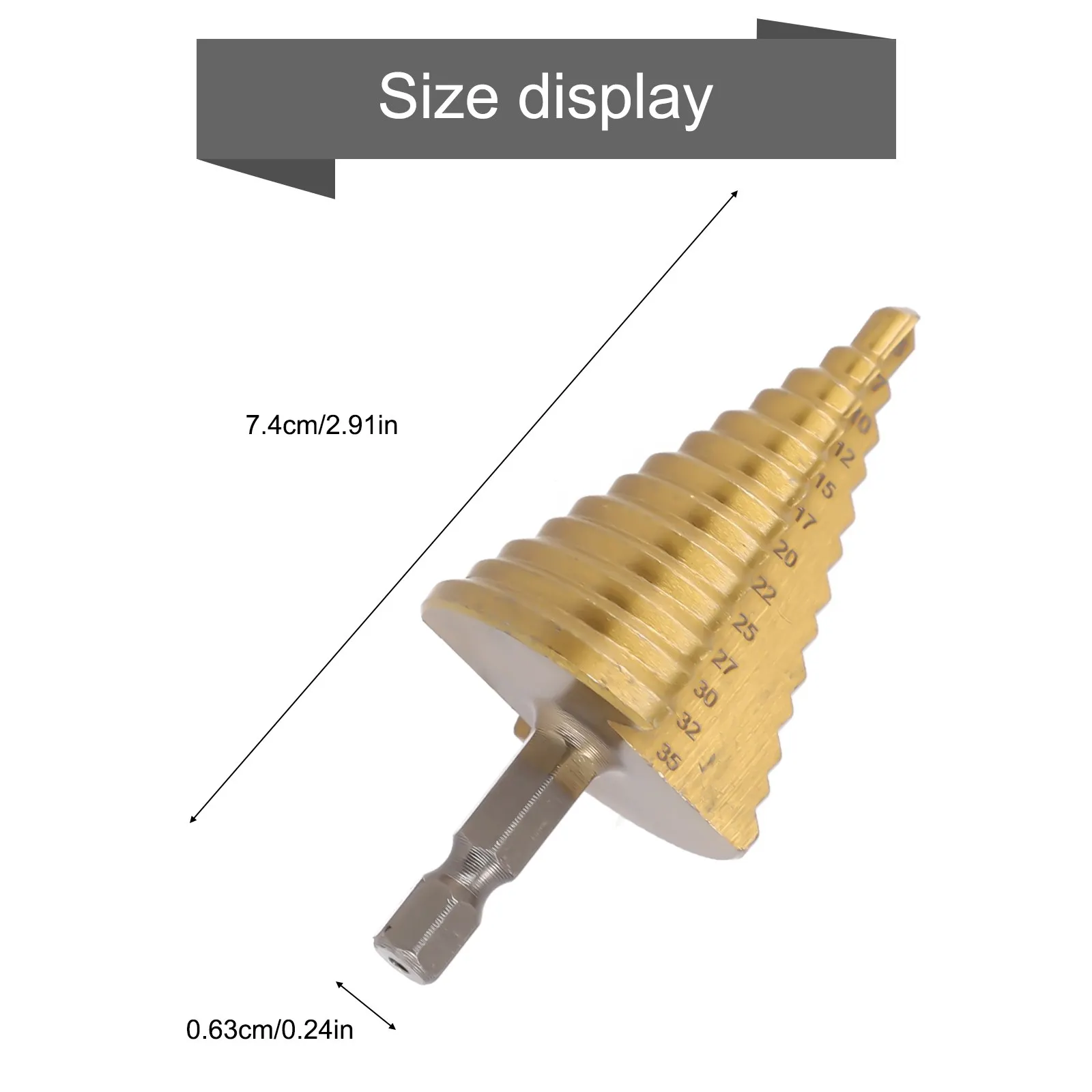 

Spiral Grooved Drill Step Drill Tool Hex Handle 35x72mm Total Size 5-35MM HSS Nitrogen Treatment Titanium Core