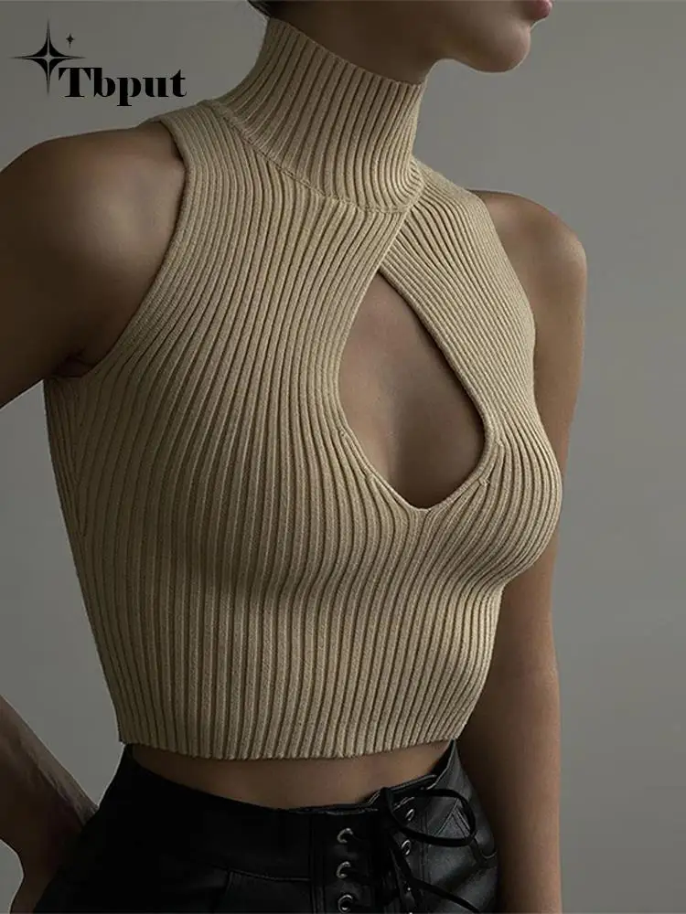 

Женский трикотажный топ без рукавов, ажурная футболка с высоким воротником, весна 2023