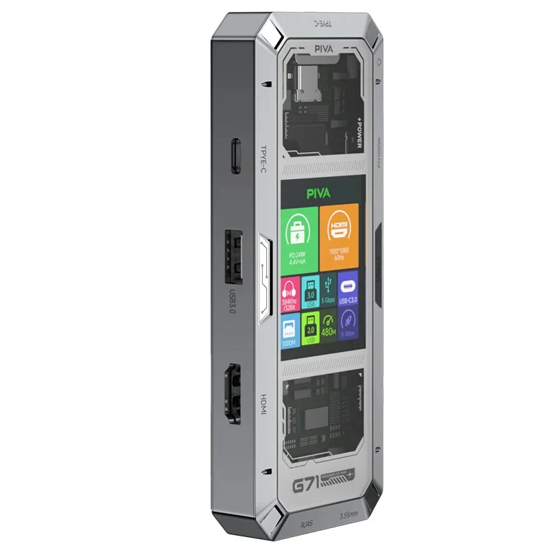 Фото Многофункциональная док-станция PIVA G71 7-в-1 для киберспорта: USB-C хаб, адаптер с HDMI 4K 60Гц, USB 3.0, 3.5 мм AUX, 7 портов, сплиттер №2