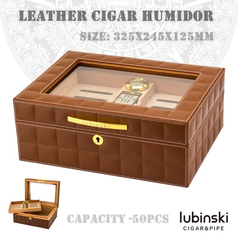 

325x245x125mm Cedar Wood Cigar Humidor Transparent Window Professional Large-Capacity 50 Cigarette Case 2layer Leather Cigar Box