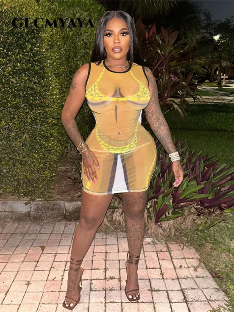 

Женское Сетчатое прозрачное облегающее мини-платье GLCMYAYA с 3D принтом, 2023, пикантные вечерние платья для выпускного вечера