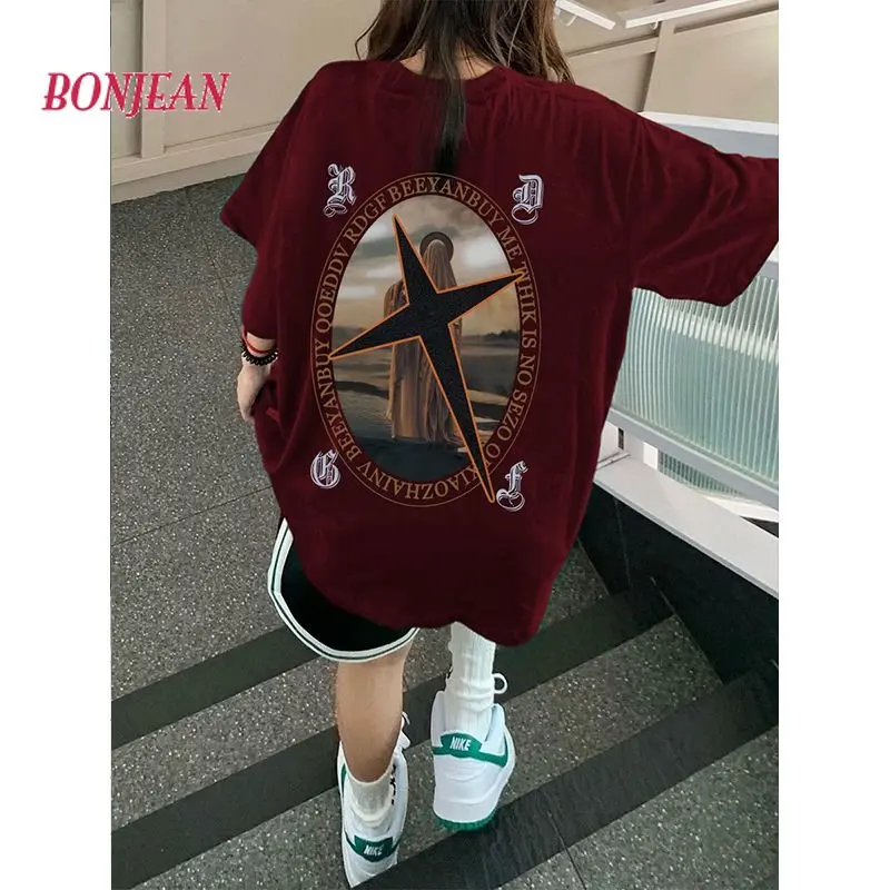 

Cotton American Street Letter Hip Hop Short-sleeved Shirt Summer Y2K Casual Tattoo Short-sleeved Top Women's Clothing Loose Red