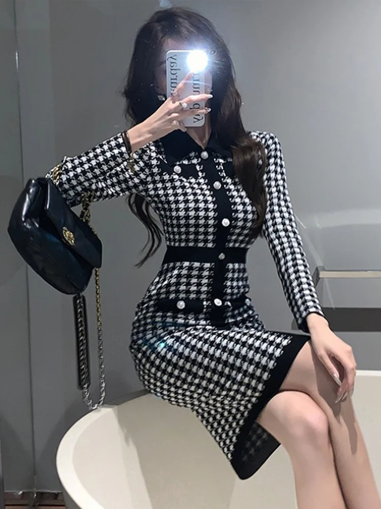 

Маленькое очаровательное вязаное черное платье с длинным рукавом в стиле «гусиная лапка», облегающее винтажное платье с запахом на бедрах, ...