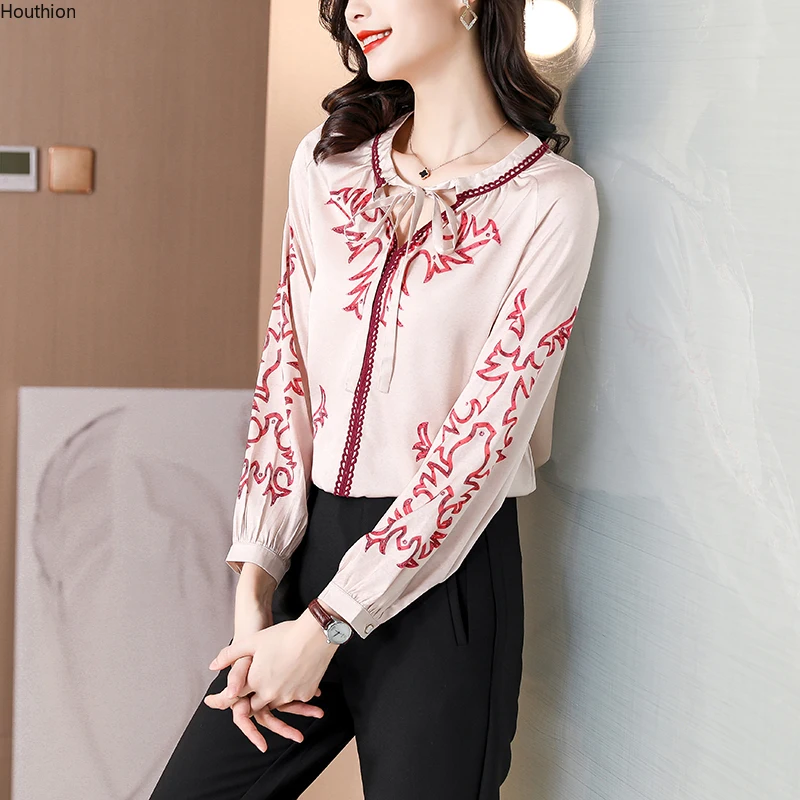 

Satin Loose Women's Blouses New Fashion Embroidery Summer Bow Shirt Casual Long Sleeve Spring Female Clothing