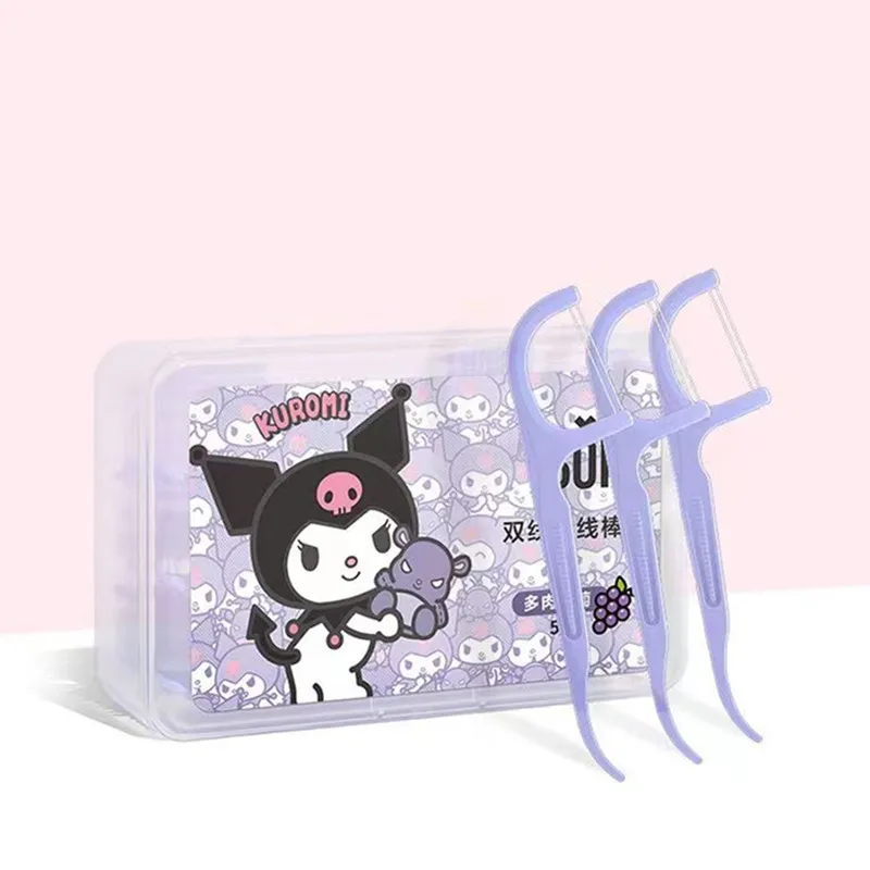 

50pcs/box Sanrio dental floss Kuromi My Melody Fruit Ultra Fine Floss Stick Anime Portable Toothpick Wire Box Family Pack