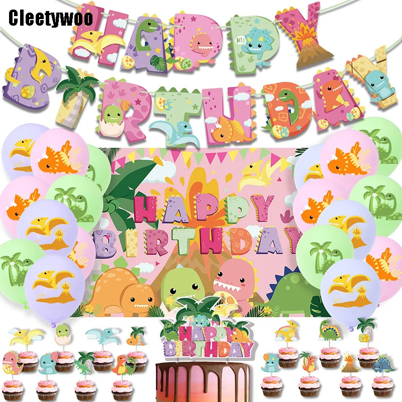 Globos de fiesta de cumpleaños de dinosaurio rosa, pancarta para decoración de pastel, Mundo Jurásico, Dino rugido, decoraciones para fiesta de cumpleaños de niña, Baby Shower